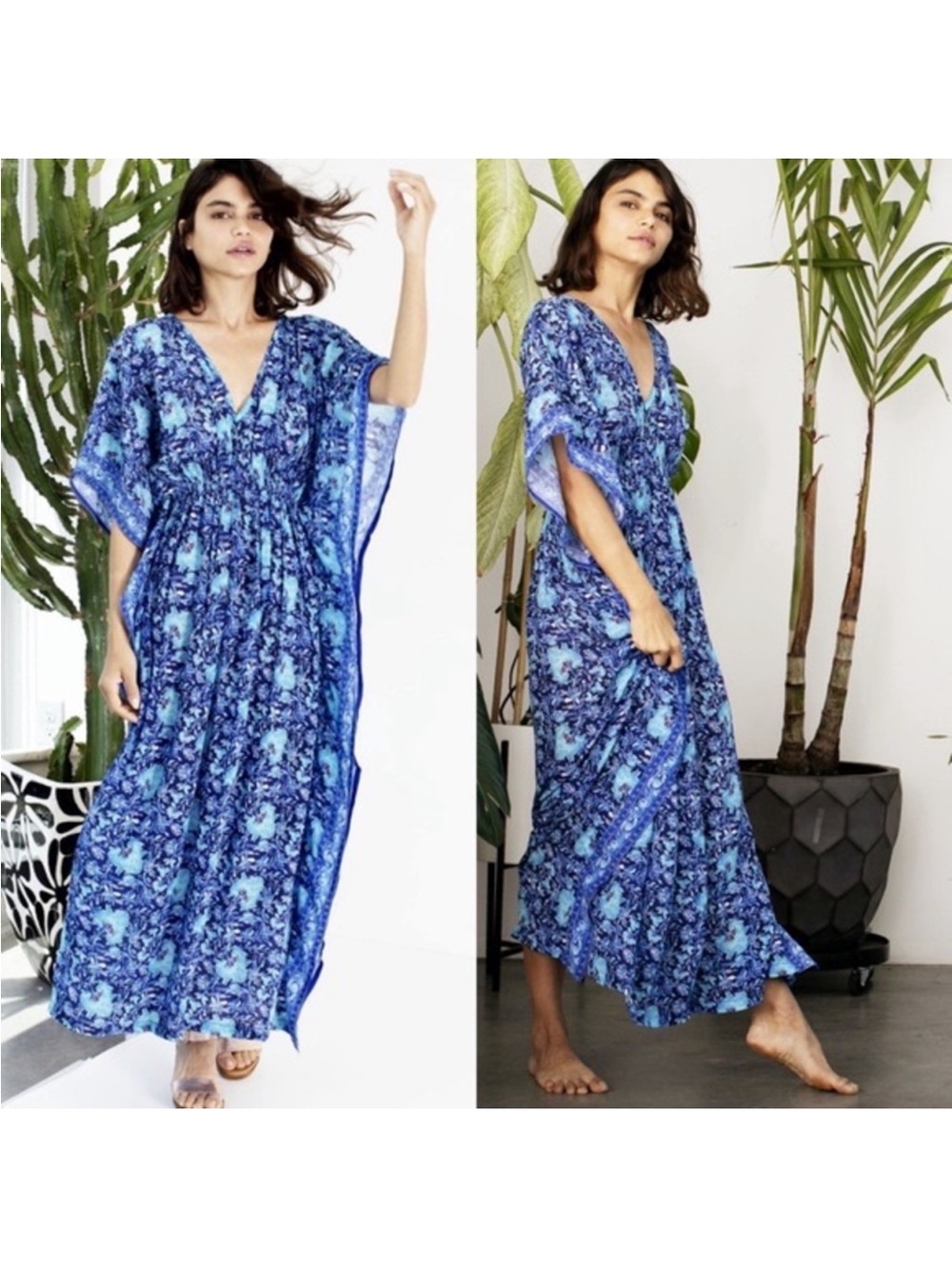 Anthropologie Rujuta Sheth New York Blue Floral Caftan Maxi Boho Resort One Size